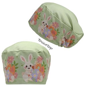 Touca Feminina ALICE, Páscoa, Barrado Coelhos Aquarela, Pistache