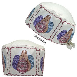 Gorro Cirúrgico, Páscoa, Barrado Ovos e Coelhos Laço, Creme