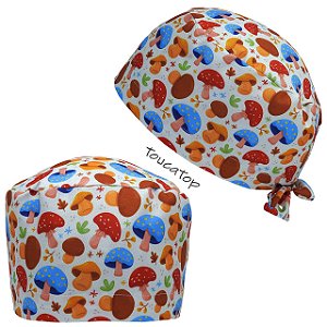 Gorro Cirúrgico, Cogumelos coloridos, Vermelho, Azul, Branco