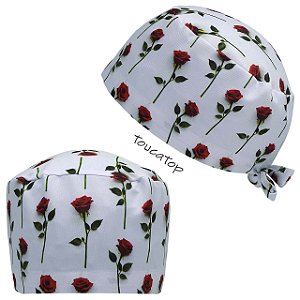 Gorro Cirúrgico, Botões de Rosas Vermelhos e Rosa, Branco