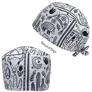 Gorro Cirúrgico, Símbolos Nordestinos, Contorno Preto, Branco