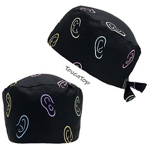 Gorro Cirúrgico, Orelhas traço fino colorido, Preto