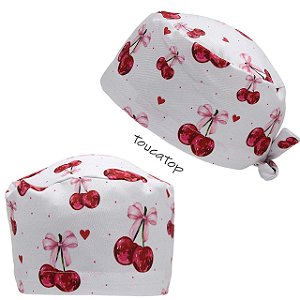 Gorro Cirúrgico, Cereja com Laço Rosa, Corações pequenos, Branco