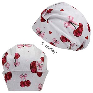 Touca Cirúrgica Feminina, Cereja com Laço Rosa, Corações, Branco