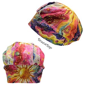 Touca Cirúrgica Feminina, Sol Artístico dourado Frontal, Amarelo