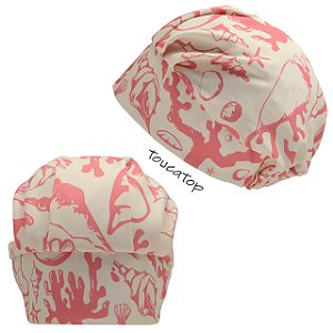 Touca Cirúrgica Feminina, Conchas e Corais traço Salmão, Bege