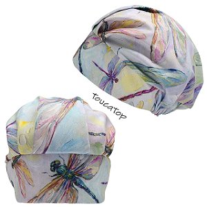 Touca Cirúrgica Feminina, Libélulas coloridas, Aquarela, Lilas