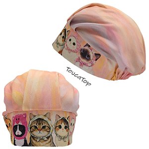 Touca Cirúrgica Feminina, Gatinhos com Lenços, mesclado Rosa e Amarelo