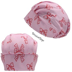 Touca Cirúrgica Feminina, Laços contorno Vermelho, Rosa