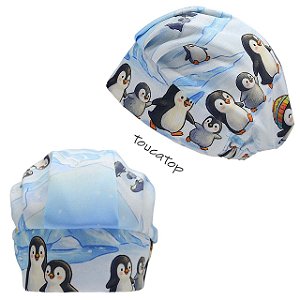 Touca Cirúrgica Feminina, Pinguins Brincando no Gelo, Branco