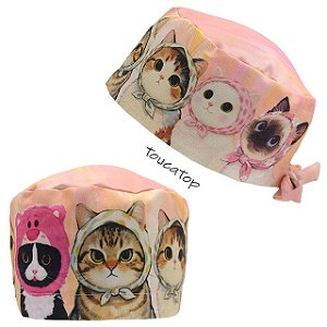 Gorro Cirúrgico, Gatinhos com Lenços, mesclado Rosa e Amarelo