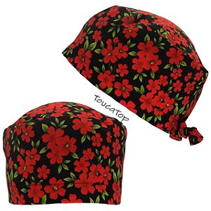 Gorro Cirúrgico, Ramos de Flores Vermelhas, Preto