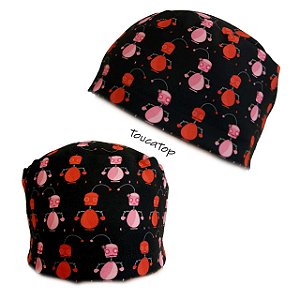 Gorro Cirúrgico, Robôs Vermelhos e Rosa, Preto