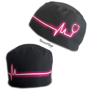 Gorro Cirúrgico, ECG Estetoscópio na Ponta, Rosa Neon, Preto