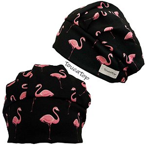 Touca Cirúrgica Feminina, Flamingos Rosa, Preto