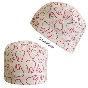 Gorro Cirúrgico Odontológico, Dentes Brancos, Contorno Rosa, Branco