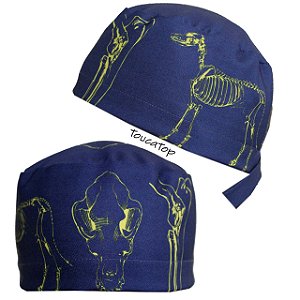 Gorro Cirúrgico, Veterinária, Esqueleto Animais, Traços Amarelos, Azul