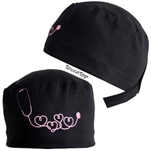 Gorro Cirúrgico, Estetoscópio Rosa Neon com Corações, Preto