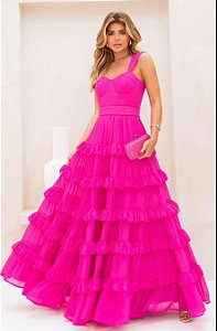 Vestido Pink longo babados