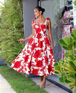 Vestido Midi em Renda vermelho - Donna Morena - Moda Feminina