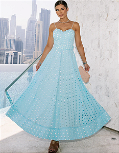 Vestido Midi em Laise Azul com Alças Finas e Cinto