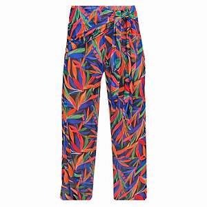 Saída de Praia Calça Pantalona Tule com Transparência Folhagens Coloridas