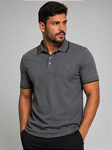 Pólo Piquet Mix Tony Menswear Cinza com Gola Listrada