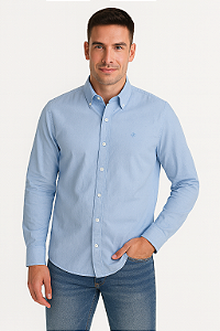 Camisa Masculina Manga Longa Algodão com Elastano Azul