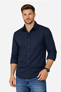 Camisa Masculina Manga Longa Algodão Azul Marinho
