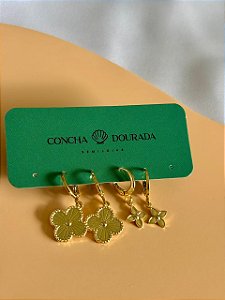 Brinco Duplo Trevo e Estrela - Banhado a Ouro 18k