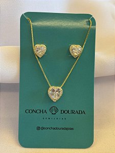 Conjunto Aline em formato de coração com zirconias - Banhado a Ouro 18k