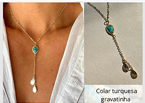Colar gravatinha turquesa - Banhado a Ouro 18k