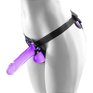 Cinta com pênis lilás de 18 cm com escroto strapon - cinta veste do P ao Plus size
