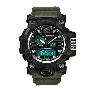 Relógio Masculino Sanda Militar Sport Anti-Shock Dual-Time 742 Verde Selva