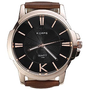 Relógio Luxo Masculino Korps 1319 Bronze Fundo Preto Pulseira Couro Marrom