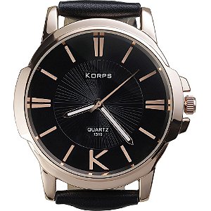 Relógio Luxo Masculino Korps 1319 Bronze Fundo Preto Pulseira Couro Preta