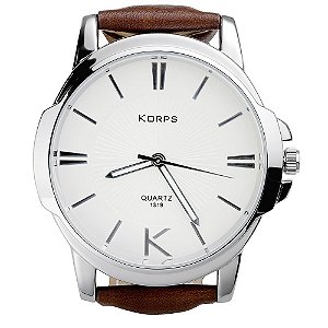 Relógio Luxo Masculino Korps 1319 Prata Fundo Branco Pulseira Couro Marrom