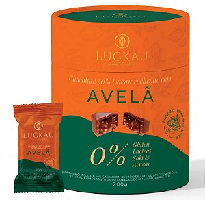 Bombom chocolate 50% cacau recheado com avelã vegano Luckau 200g