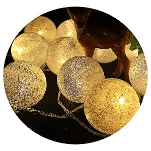 Cordão Fio De Luz Luminária 12 Bolas Barbante Branco Quente
