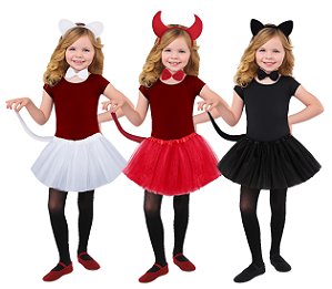 Fantasia Infantil Diabinha ou Gatinha Tiara Gravata Rabo E Saia