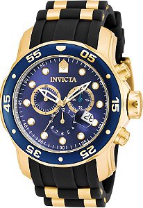 Relógio INVICTA Original Pro Diver 17882 Banhado a Ouro 18kt Pulseira em Borracha Cronógrafo Mostrador Azul