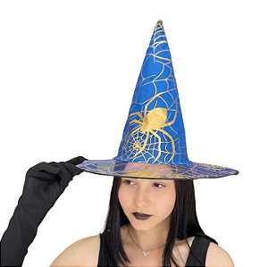 CHAPEU BRUXA AZUL ESTAMPA TEIA