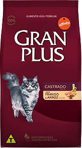 RAÇÃO GRANPLUS GATO ADULTO CASTRADO SABOR FRANGO & ARROZ 10x1,01kg - Pacotinhos Individuais.