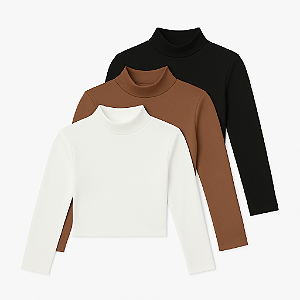 Kit Cápsula Essencial: 3 Blusas Malha Elastano Gola Alta - Tam. Unico