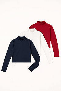 Kit Cápsula Essencial: 3 Blusas Malha Elastano Gola Alta - Tam. Unico