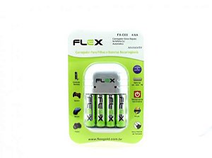 CARREGADOR PARA PILHAS E BATERIAS RECARREGAVEIS AA/AAA/9V FLEX FX-C03 AA (COM 4 AA)