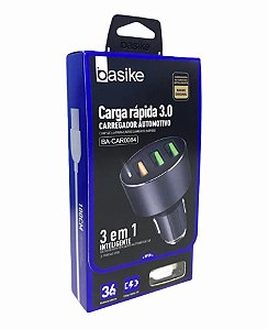 CARREGADOR AUTOMOTIVO 3 EM 1 36W V8 + 3 USB BASIKE BA CAR0084