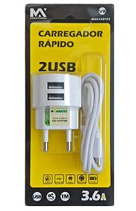 CARREGADOR RAPIDO 3.6A MICRO USB V8 1M MAXMIDIA MAX-CAR122