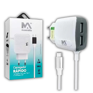 CARREGADOR RAPIDO 3.6A TYPE-C 1M + 2 USB MAXMIDIA MAX-CAR134