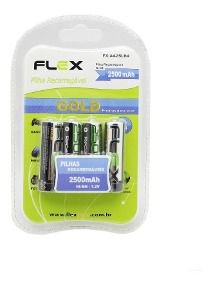 PILHA RECARREGAVEL AA 2500mAh BLISTER C/4 FLEX GOLD (PRONTA P/ USO) FX-AA25LB4